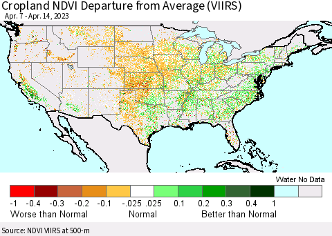 United States Cropland NDVI Departure from Average (VIIRS) Thematic Map For 4/7/2023 - 4/14/2023