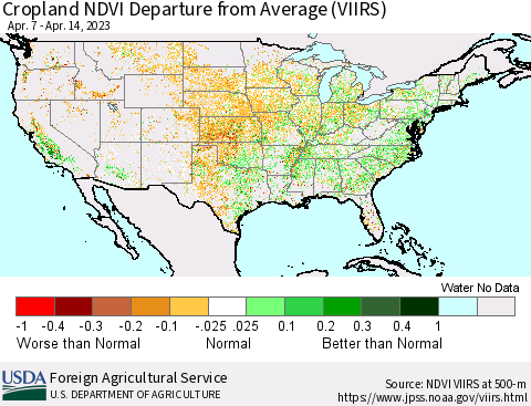 United States Cropland NDVI Departure from Average (VIIRS) Thematic Map For 4/11/2023 - 4/20/2023