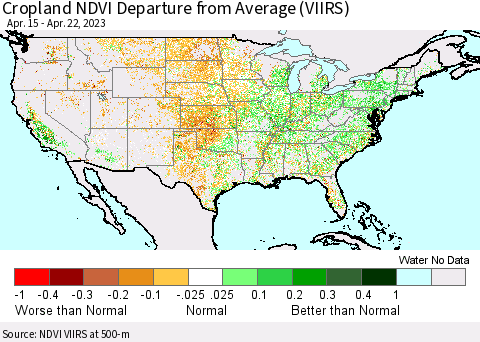 United States Cropland NDVI Departure from Average (VIIRS) Thematic Map For 4/15/2023 - 4/22/2023