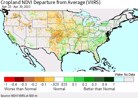 United States Cropland NDVI Departure from Average (VIIRS) Thematic Map For 4/21/2023 - 4/30/2023