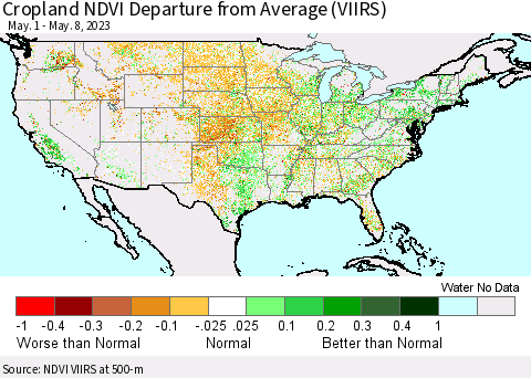 United States Cropland NDVI Departure from Average (VIIRS) Thematic Map For 5/1/2023 - 5/8/2023
