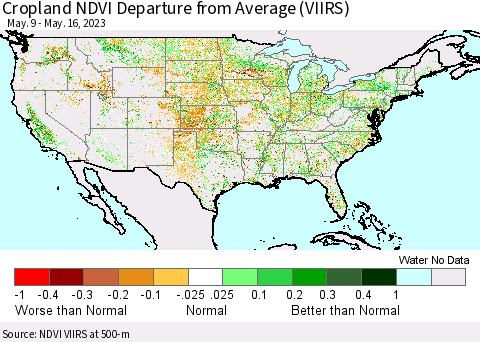 United States Cropland NDVI Departure from Average (VIIRS) Thematic Map For 5/9/2023 - 5/16/2023