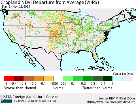 United States Cropland NDVI Departure from Average (VIIRS) Thematic Map For 5/11/2023 - 5/20/2023