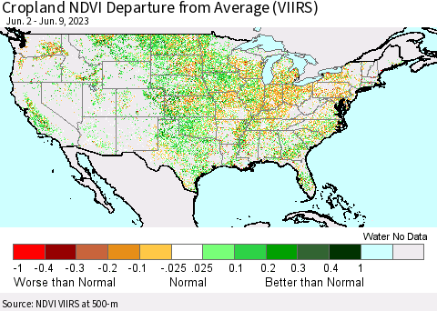 United States Cropland NDVI Departure from Average (VIIRS) Thematic Map For 6/2/2023 - 6/9/2023