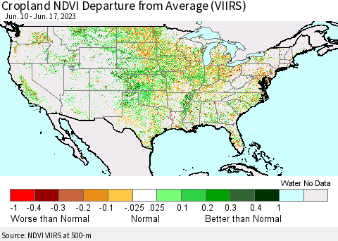 United States Cropland NDVI Departure from Average (VIIRS) Thematic Map For 6/10/2023 - 6/17/2023