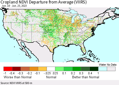 United States Cropland NDVI Departure from Average (VIIRS) Thematic Map For 6/18/2023 - 6/25/2023