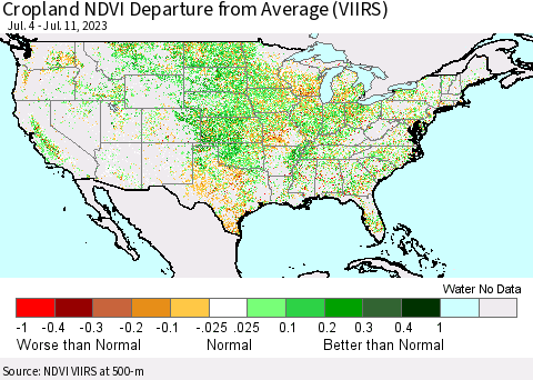 United States Cropland NDVI Departure from Average (VIIRS) Thematic Map For 7/4/2023 - 7/11/2023