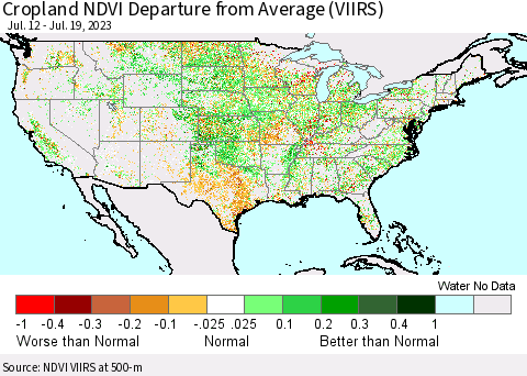 United States Cropland NDVI Departure from Average (VIIRS) Thematic Map For 7/12/2023 - 7/19/2023