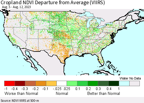 United States Cropland NDVI Departure from Average (VIIRS) Thematic Map For 8/5/2023 - 8/12/2023
