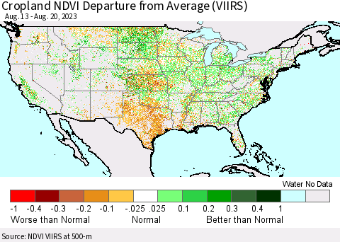 United States Cropland NDVI Departure from Average (VIIRS) Thematic Map For 8/11/2023 - 8/20/2023