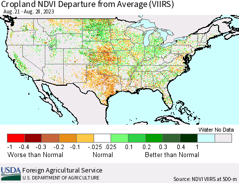 United States Cropland NDVI Departure from Average (VIIRS) Thematic Map For 8/21/2023 - 8/31/2023