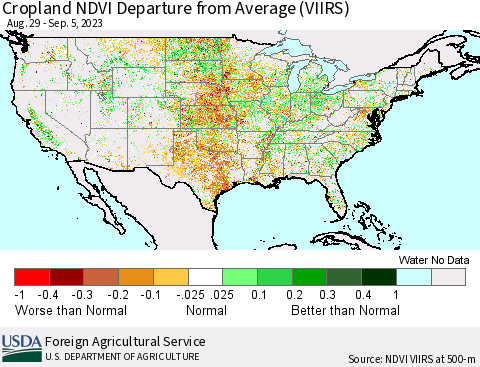 United States Cropland NDVI Departure from Average (VIIRS) Thematic Map For 9/1/2023 - 9/10/2023