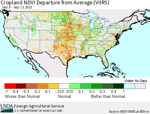 United States Cropland NDVI Departure from Average (VIIRS) Thematic Map For 9/11/2023 - 9/20/2023