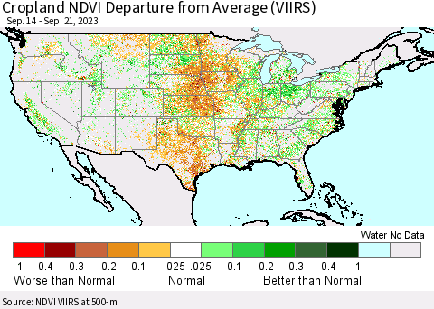 United States Cropland NDVI Departure from Average (VIIRS) Thematic Map For 9/14/2023 - 9/21/2023
