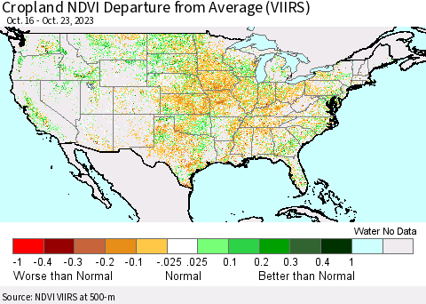 United States Cropland NDVI Departure from Average (VIIRS) Thematic Map For 10/16/2023 - 10/23/2023