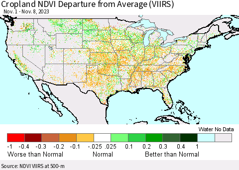 United States Cropland NDVI Departure from Average (VIIRS) Thematic Map For 11/1/2023 - 11/8/2023
