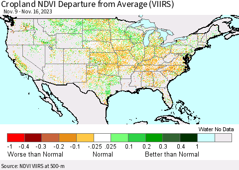 United States Cropland NDVI Departure from Average (VIIRS) Thematic Map For 11/9/2023 - 11/16/2023