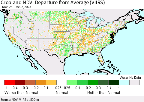 United States Cropland NDVI Departure from Average (VIIRS) Thematic Map For 11/25/2023 - 12/2/2023