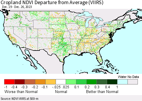 United States Cropland NDVI Departure from Average (VIIRS) Thematic Map For 12/19/2023 - 12/26/2023