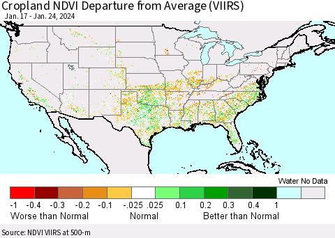 United States Cropland NDVI Departure from Average (VIIRS) Thematic Map For 1/17/2024 - 1/24/2024