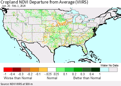 United States Cropland NDVI Departure from Average (VIIRS) Thematic Map For 1/25/2024 - 2/1/2024