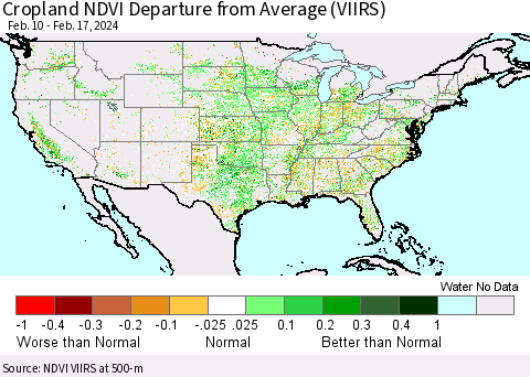 United States Cropland NDVI Departure from Average (VIIRS) Thematic Map For 2/10/2024 - 2/17/2024
