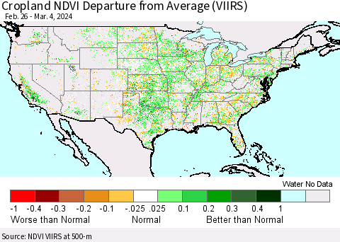 United States Cropland NDVI Departure from Average (VIIRS) Thematic Map For 2/26/2024 - 3/4/2024