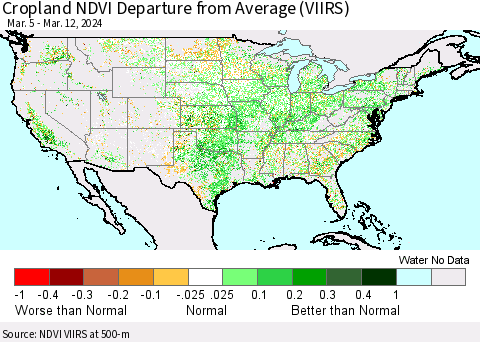 United States Cropland NDVI Departure from Average (VIIRS) Thematic Map For 3/5/2024 - 3/12/2024