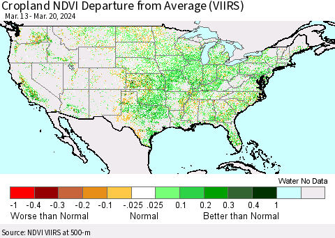 United States Cropland NDVI Departure from Average (VIIRS) Thematic Map For 3/13/2024 - 3/20/2024