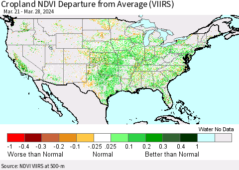 United States Cropland NDVI Departure from Average (VIIRS) Thematic Map For 3/21/2024 - 3/28/2024