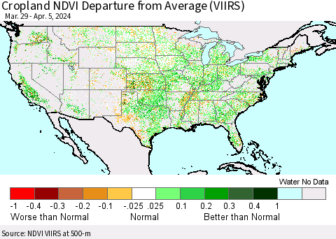 United States Cropland NDVI Departure from Average (VIIRS) Thematic Map For 3/29/2024 - 4/5/2024
