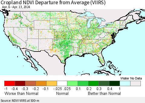 United States Cropland NDVI Departure from Average (VIIRS) Thematic Map For 4/6/2024 - 4/13/2024