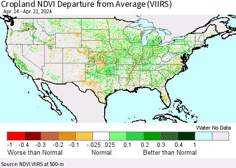 United States Cropland NDVI Departure from Average (VIIRS) Thematic Map For 4/14/2024 - 4/21/2024
