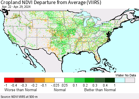 United States Cropland NDVI Departure from Average (VIIRS) Thematic Map For 4/22/2024 - 4/29/2024