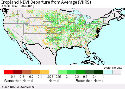 United States Cropland NDVI Departure from Average (VIIRS) Thematic Map For 4/30/2024 - 5/7/2024