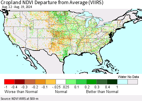 United States Cropland NDVI Departure from Average (VIIRS) Thematic Map For 8/12/2024 - 8/19/2024