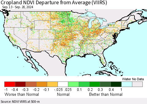 United States Cropland NDVI Departure from Average (VIIRS) Thematic Map For 9/13/2024 - 9/20/2024