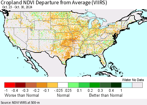 United States Cropland NDVI Departure from Average (VIIRS) Thematic Map For 10/23/2024 - 10/30/2024