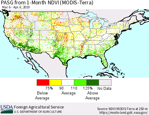United States PASG from 1-Month NDVI (Terra-MODIS) Thematic Map For 4/1/2019 - 4/10/2019