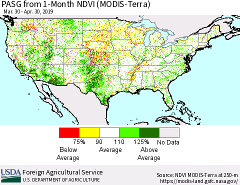 United States PASG from 1-Month NDVI (Terra-MODIS) Thematic Map For 4/21/2019 - 4/30/2019