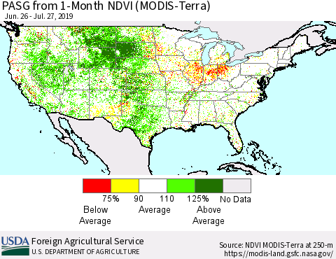 United States PASG from 1-Month NDVI (Terra-MODIS) Thematic Map For 7/21/2019 - 7/31/2019