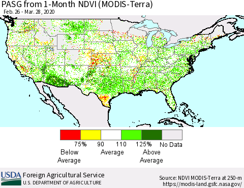 United States PASG from 1-Month NDVI (Terra-MODIS) Thematic Map For 3/21/2020 - 3/31/2020