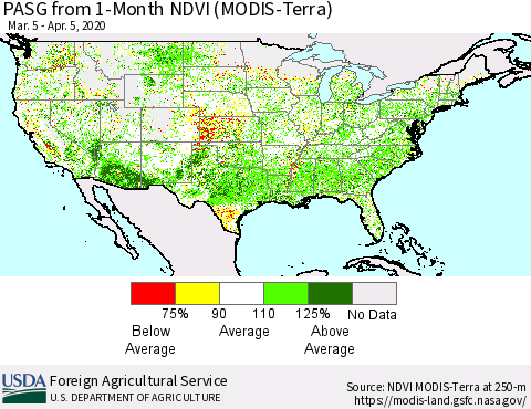 United States PASG from 1-Month NDVI (Terra-MODIS) Thematic Map For 4/1/2020 - 4/10/2020