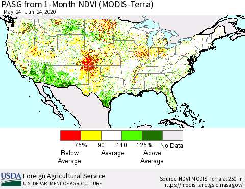 United States PASG from 1-Month NDVI (Terra-MODIS) Thematic Map For 6/21/2020 - 6/30/2020