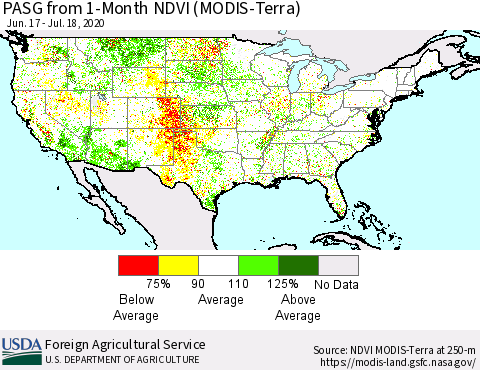 United States PASG from 1-Month NDVI (Terra-MODIS) Thematic Map For 7/11/2020 - 7/20/2020