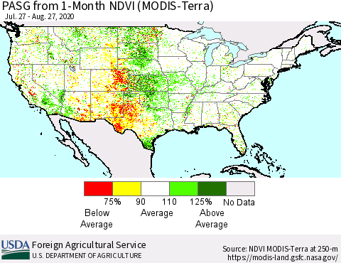 United States PASG from 1-Month NDVI (Terra-MODIS) Thematic Map For 8/21/2020 - 8/31/2020