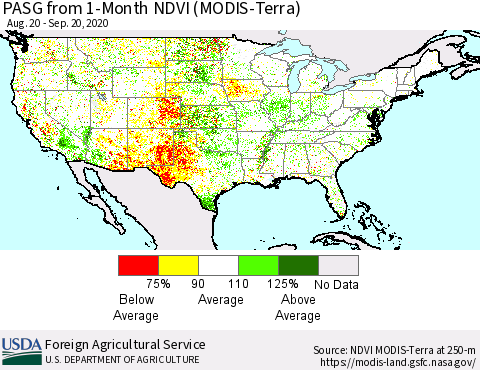 United States PASG from 1-Month NDVI (MODIS-Terra) Thematic Map For 9/11/2020 - 9/20/2020