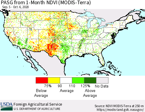 United States PASG from 1-Month NDVI (Terra-MODIS) Thematic Map For 10/1/2020 - 10/10/2020