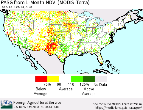 United States PASG from 1-Month NDVI (Terra-MODIS) Thematic Map For 10/11/2020 - 10/20/2020
