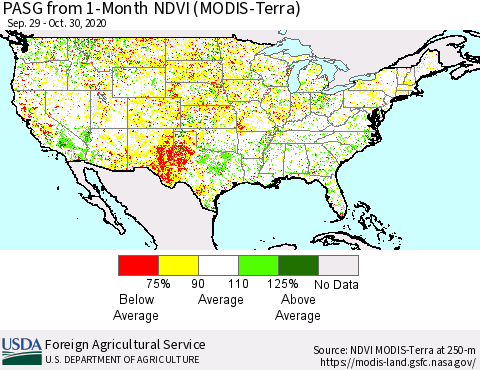 United States PASG from 1-Month NDVI (Terra-MODIS) Thematic Map For 10/21/2020 - 10/31/2020